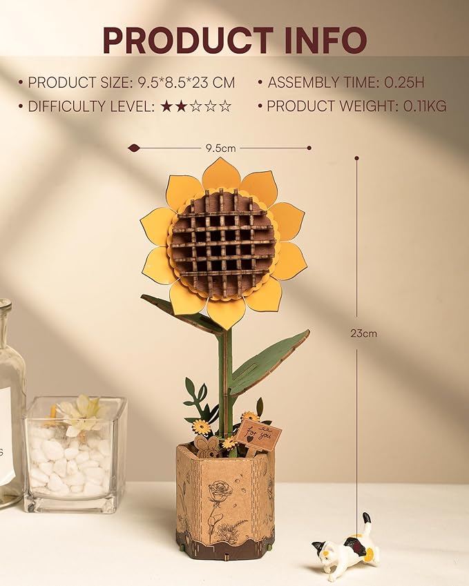 3D Flower Wooden Puzzles for Adults-Sunflower, DIY Wooden Flowers Model Kit Building Set Crafts for Adults to Build, Botanical Collection/Ideal Creative Gift Ideas/Housewarming (86PCS)