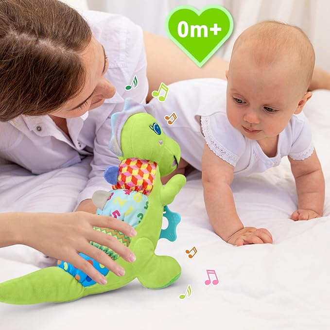 Baby Dino Plush Soft Stuffed Animal Toy for 0-3-6-12+ Months,Infant Musical Toy with Rattle,Squeaker,Sensory Crinkle,Teether & Textures,Tummy Time Toys Christmas Baby Gift for Newborn Girl Boy (Green)