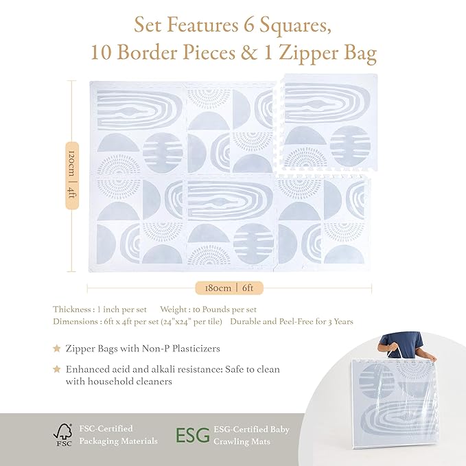 PopsyKosy Super 1 Inch Thick Premium Quality Exercise & Baby Foam Play Mats - Expandable & Large Non-Toxic Odorless Floor Mat - 6 Tiles Spacious 6x4ft - Peel-Resistant - Foggy Gray