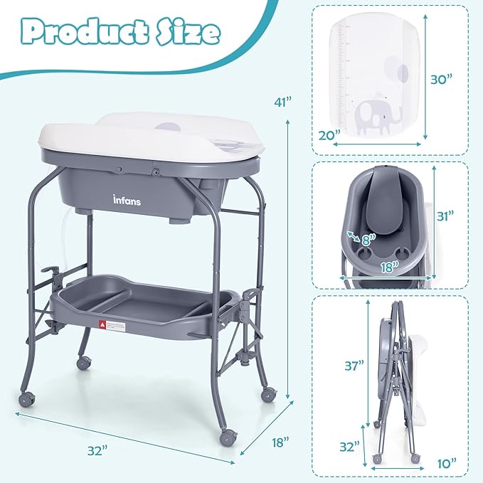 INFANS 2 in 1 Baby Changing Table with Bath Tub Unit, Folding Diaper Dresser Station with Wheels Waterproof Pad Storage Rack, Portable Nursery Organizer Stand for Newborn Infant