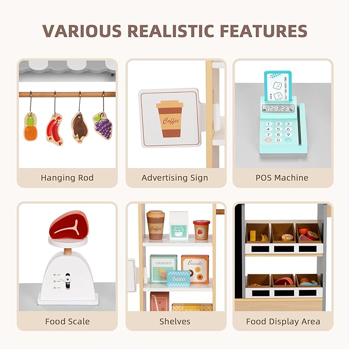 OOOK All-in-One Grocery Store Pretend Play with Chalkboards, Reversible Kids Grocery Store Playset with Oven, Scale, Rolling Wheels, Cash Register and More, for Kids Aged 3+