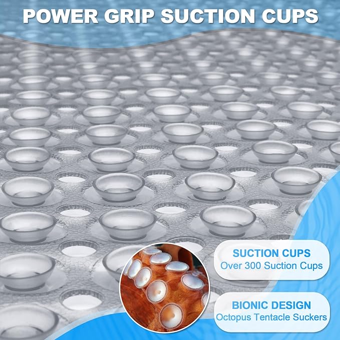 Linoows Bathtub and Shower Mats, 40x16 Inch Extra Large Non Slip Soft Bath Tub Mat with Suction Cups and Drain Holes for Bathroom Floor and Keep Tubs Clean, Machine Washable, Clear Gray