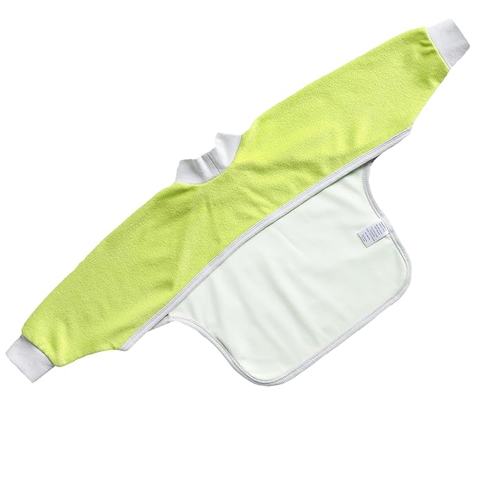 Kiddologic Bibit-all Baby Feeding Bib, Long Sleeves with Ribbed Cuffs and High Collar, Stretchy Pullover Smock, Soft Absorbent Terry, Waterproof Lining, Unisex Toddler 12-36 Months, Fresh Lime (Green)
