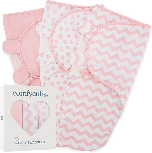 Comfy Cubs Easy Swaddle Blanket, 3 Pack - 100% Cotton Newborn Wrap, Large for 3-6 Months Infants, with Adjustable Velcro, Breathable and Durable Sleep Sack for Babies - Pink