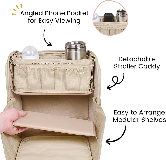 Diaper Bag Backpack Convertible - 800D Reinforced Stitching -Full Open Cabinet and Padded Changing Station, Removable Caddy with Two Drink Holders and Angled Cell Phone Storage for Viewing, Black