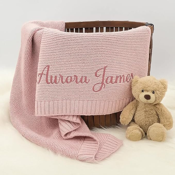 Personalized Baby Knit Blanket Custom Embroidered Cotton Blanket for Newborns Nursery Essentials Stroller Cover, Holiday, Thoughtful Keepsake for New Parents.