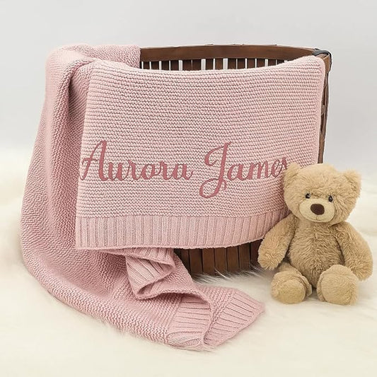 Personalized Baby Knit Blanket Custom Embroidered Cotton Blanket for Newborns Nursery Essentials Stroller Cover, Holiday, Thoughtful Keepsake for New Parents.