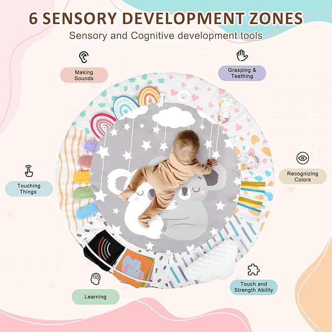 Baby Play Gym & Activity Mat, Tummy Time Mat with Tummy Time Pillow 7 Detachable Sensory Toys and Educational Cards for Motor Skills & Sensory Development, Baby Essentials Shower Gift, Grey Koala