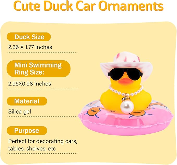 wonuu Car Rubber Duck, Yellow Duck Decoration Dashboard with Sun Hat Swim Ring Necklace Sunglasses for Car Dashboard Decorations, Pink White Cowboy Hat-Pink-Big Pearl