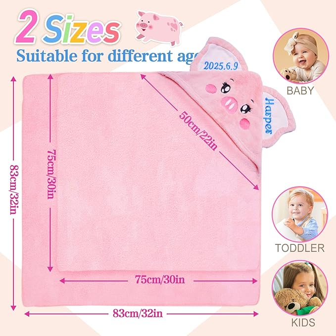 Custom Hooded Bath Towel with Name, Personalized Highly Absorbent Bunny Towels, Baby Bath Towels for Girls Boys, Brithday for Baby, Toddler, Newborn (Piglet-Pink)