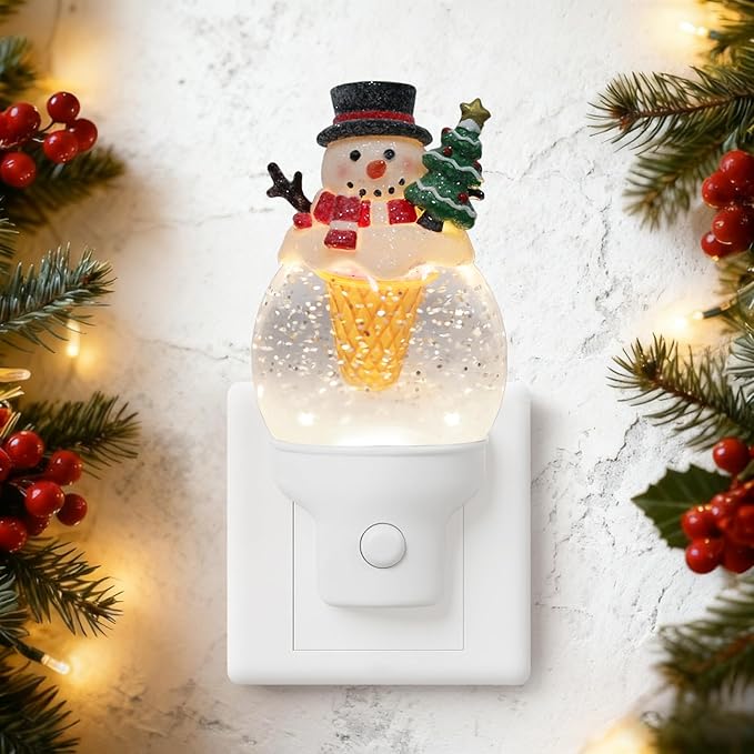 Christmas Snowman Night Light Plug into Wall Swirling Glitter USB Portable Christmas Decorative Night Light Decoration for Bedroom Kitchen Living Room Holiday Decor (Snowman Cookie Cone)