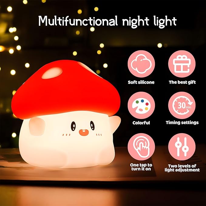 Mushroom Silicone Night Light for Kids - Color Changing Lamp with Soft Touch, USB Rechargeable, Long Battery Life & Touch Control - Cute Decorative LED Mushroom Light