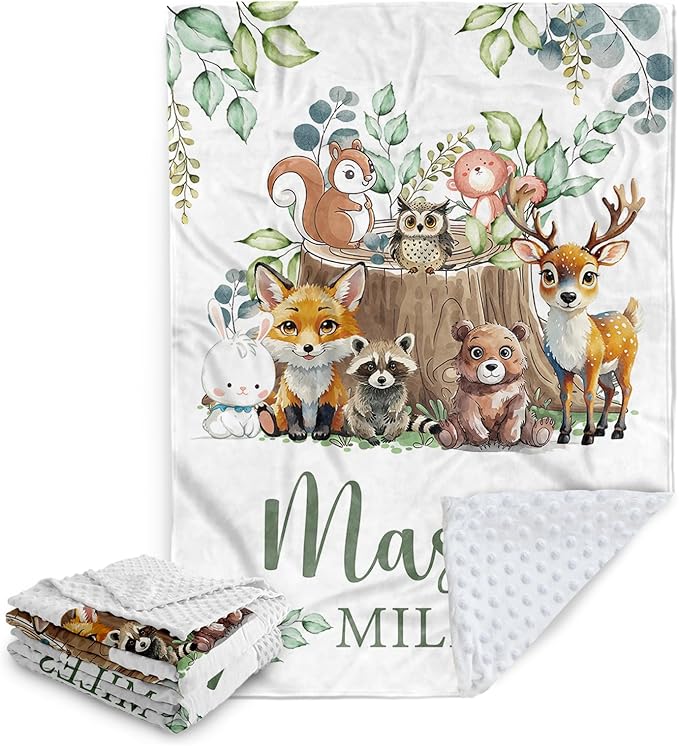 Custom Baby Blanket with Name, Customized Blanket for Newborn Boys Girls, Forest Animals Flannel Double Layer Dotted Backing Receiving Swaddle, Cute Keepsake Gifts for New Parents(30"x40")
