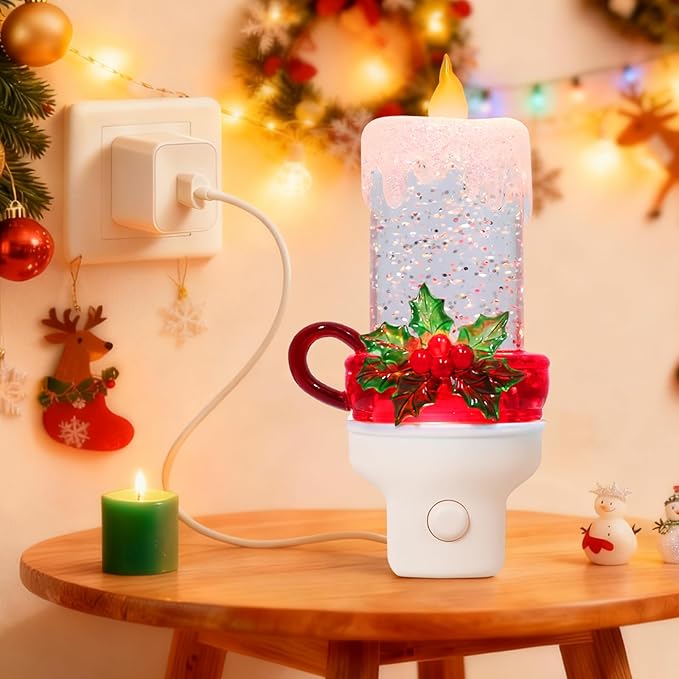 Christmas Candle Night Light Plug into Wall Swirling Glitter USB Portable Christmas Decorative Night Light Decoration for Kids Adults Bedroom Kitchen Living Room Holiday Decor (Candle)