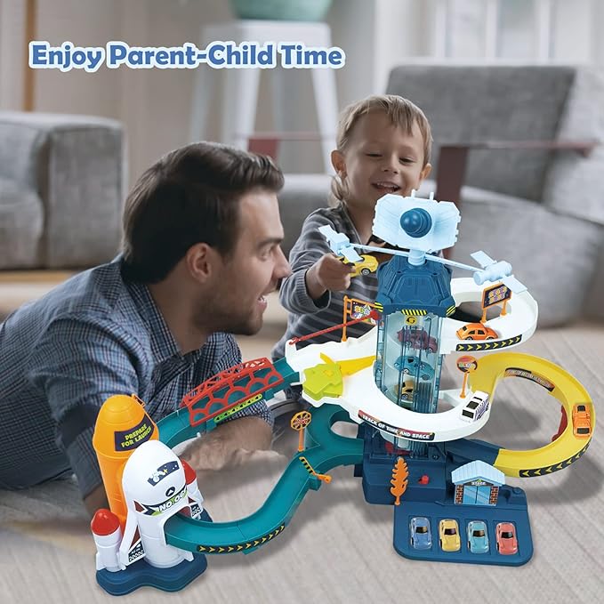 RedCrab Car Race Track Elevator for Boys, Kids Space Car Ramp Climbing Hills Parking Adventure Playset,Satellite Cars Garage Track with Electric Elevator Toy for Children