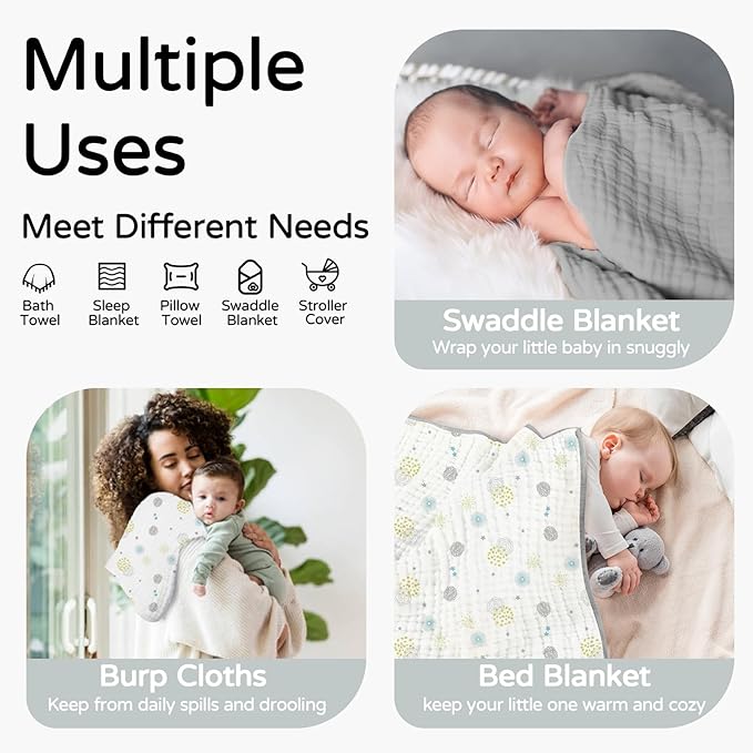 Yoofoss Hooded Baby Towels for Newborn 2 Pack 100% Muslin Organic Cotton Baby Bath Towel with Hood for Babies, Infant, Toddler and Kids, 32x32Inch, Soft and Absorbent Newborn Essential,Grey Flower