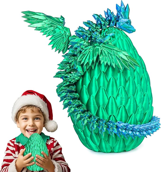 3D Printed Dragon Eggs with Articulated Fly Dragon Inside, Collectible Figurines Fidget Toy for Adults Kids Birthday Easter Christmas White Elephant Gifts for Friends Colleagues(Silk Green, L size)