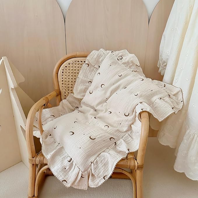 BuLuTu Muslin Toddler Pillowcases Girls Boys,Soft Breathable Cotton Kids Pillow Cover, Moon Star Pattern Shabby Chic Nursery Pillow Cases Enveloped Closure, 14"x20", 1 Piece