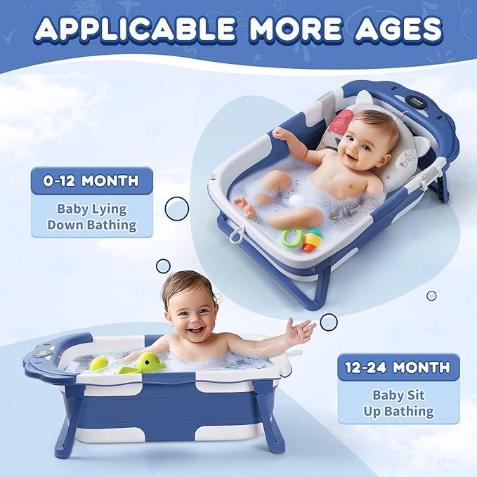 Baby Bathtub,Collapsible Baby Bath Tub with Thermometer & Soft Floating Cushion,Portable Travel Baby Bathtubs for Newborns to Toddlers 0-36 Months(Bear Gray)