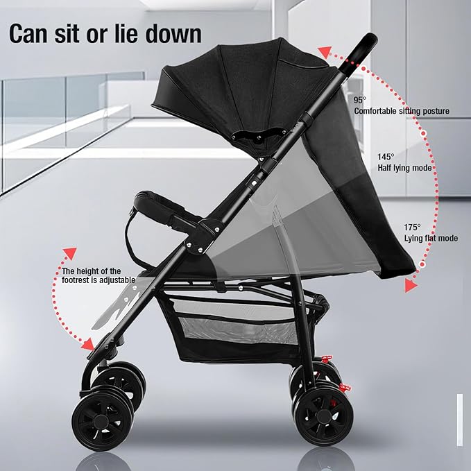 Ultra-Lightweight Stroller at Only 4.6kg, Foldable Compact Pushchair with Lie-Flat Position, Travel Pram from Birth to 40kg, Baby Buggy with Adjustable Backrest, Footrest, Canopy (A8 Grey)