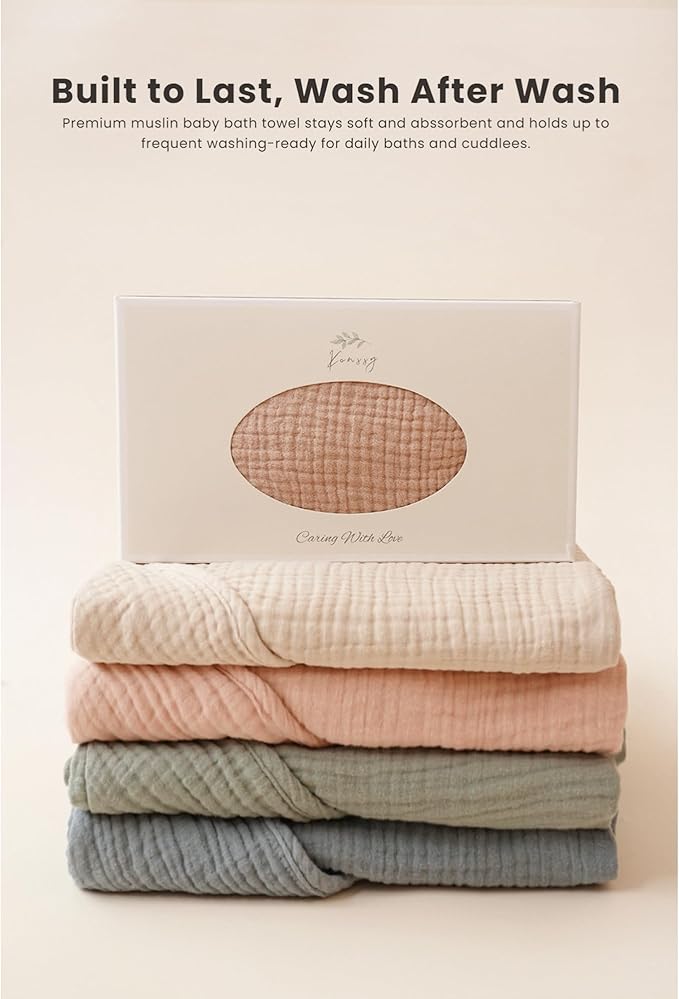 Konssy 2-Pack Muslin Baby Hooded Towels, 100% Cotton, Soft and Absorbent Baby Bath Towels for Newborn, Infant & Toddler with Animal Hooded Design(Elephant & Bear)