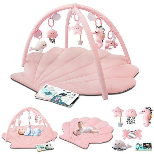 Baby Play Gym Mat, Oversize Baby Tummy Time Play Mat with 6 Detachable Toys for Sensory Exploration Motor Skill Development, Newborn Essentials Shower Gift Activity Mats for Babies 0-6 Months 6-12 Months