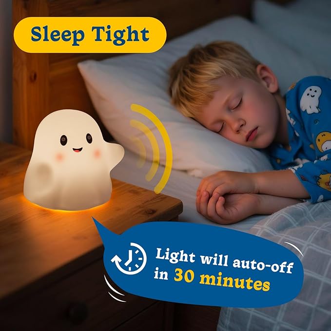 Ghost Night Light for Kids, Cute Nursery Lamp with 19 Interactive Sounds & 3 Light Modes & 30-Min Timer, Rechargeable Silicone Touch Nightlight for Halloween Decor Bedroom (White Ghost)