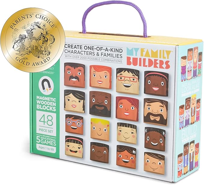 48-Piece Multiracial Family Play Set – Magnetic Wooden Diversity Building Blocks for Kids – Multicultural Puzzles, SEL Toy for Ages 1+