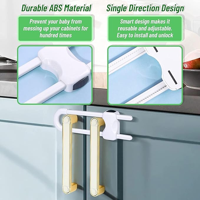 Sliding Cabinet Locks for Baby, Baby Proofing Adjustable U-Shaped Baby Safety Latches for Handles Knobs Drawers, Fridge, Closet, Cupboard, Closet with Secure Lock Buttons,2Pack (White)