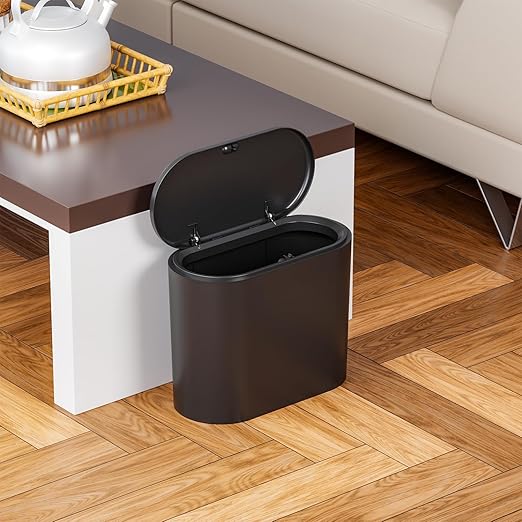 Yieach 12L Black Slim Bathroom Trash Can With Lid 3.17 Gallon,Skinny Small Kitchen Garbage Can and Pet/Dog Proof Trashcans for Office,RV,Bedroom and Dorm,Plastic Covered Trash Can and Wastebasket,1PCS