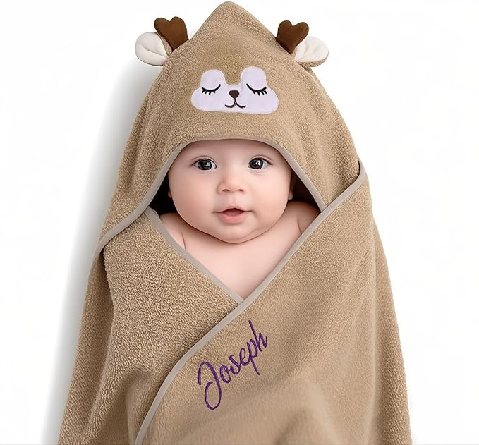 Personalized Baby Towels for Newborn Custom Embroidery Name Hooded Baby Bath Towels for Boy Girl Newborn Essentials Must Haves Shower Gift Soft Coral Velvet 30"x30" (Brown)