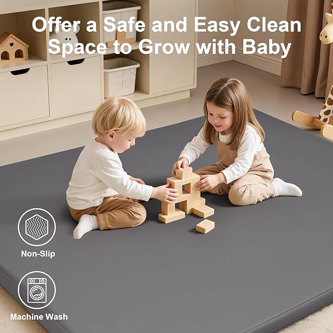 Baby Play Mat for Floor,50x50 Playpen Mat,Non-Slip Leather&Thick Foam Floor Cushion,Removable Waterproof Cover,Easy Care for Baby Crawling,Toddler,Kids,Tummy Time（Grey)
