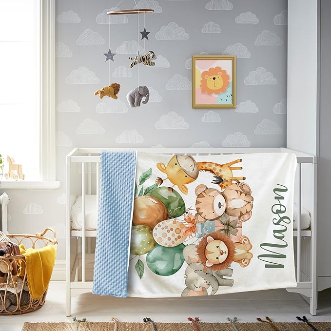 Personalized Baby Blanket with Name – Soft Double Layer Dotted Backing Custom Baby Blankets for Newborn Boys Girls, Forest Animals Flannel Receiving Swaddle, Idea(47"x60")