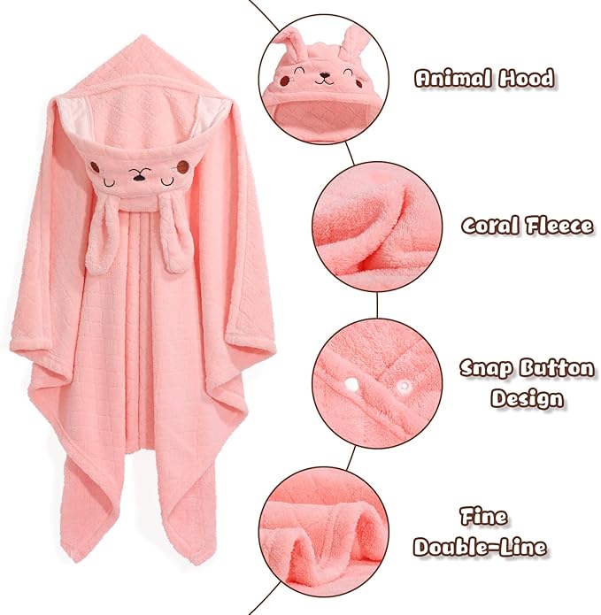 Hooded Toddler Bath Towels, 2 Pack Thick Towel for Kids with Animal Hood, Extra Large 50 x 32 inch for Baby 0-6 Years, Soft Absorbent Coral Fleece for Boys & Girls, Pink Ribbit & Yellow Bee