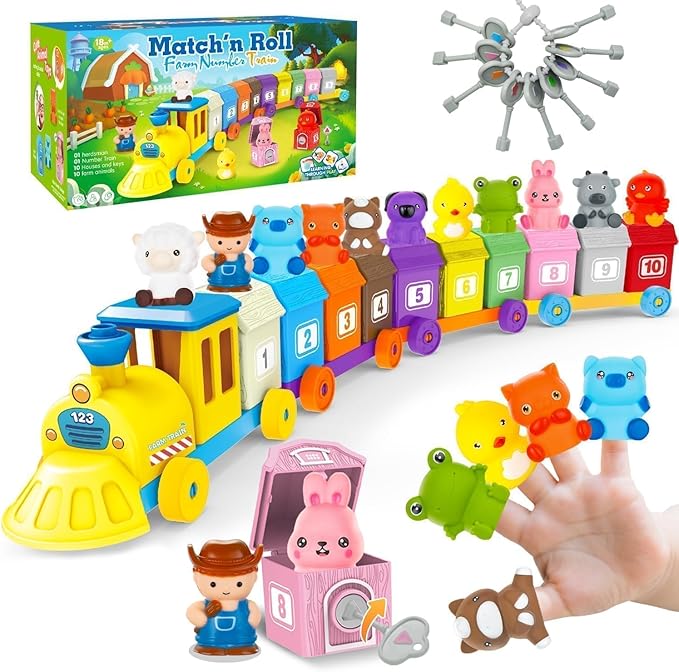 Farm Animals Train with 11 Finger Puppets, 10 Barns with Keys, Counting, Matching, Sorting Montessori Learning Toy for Toddlers 1 2 3 4 Years Old, Educational Birthday Gift for Boys Girls Kids, 36PCS