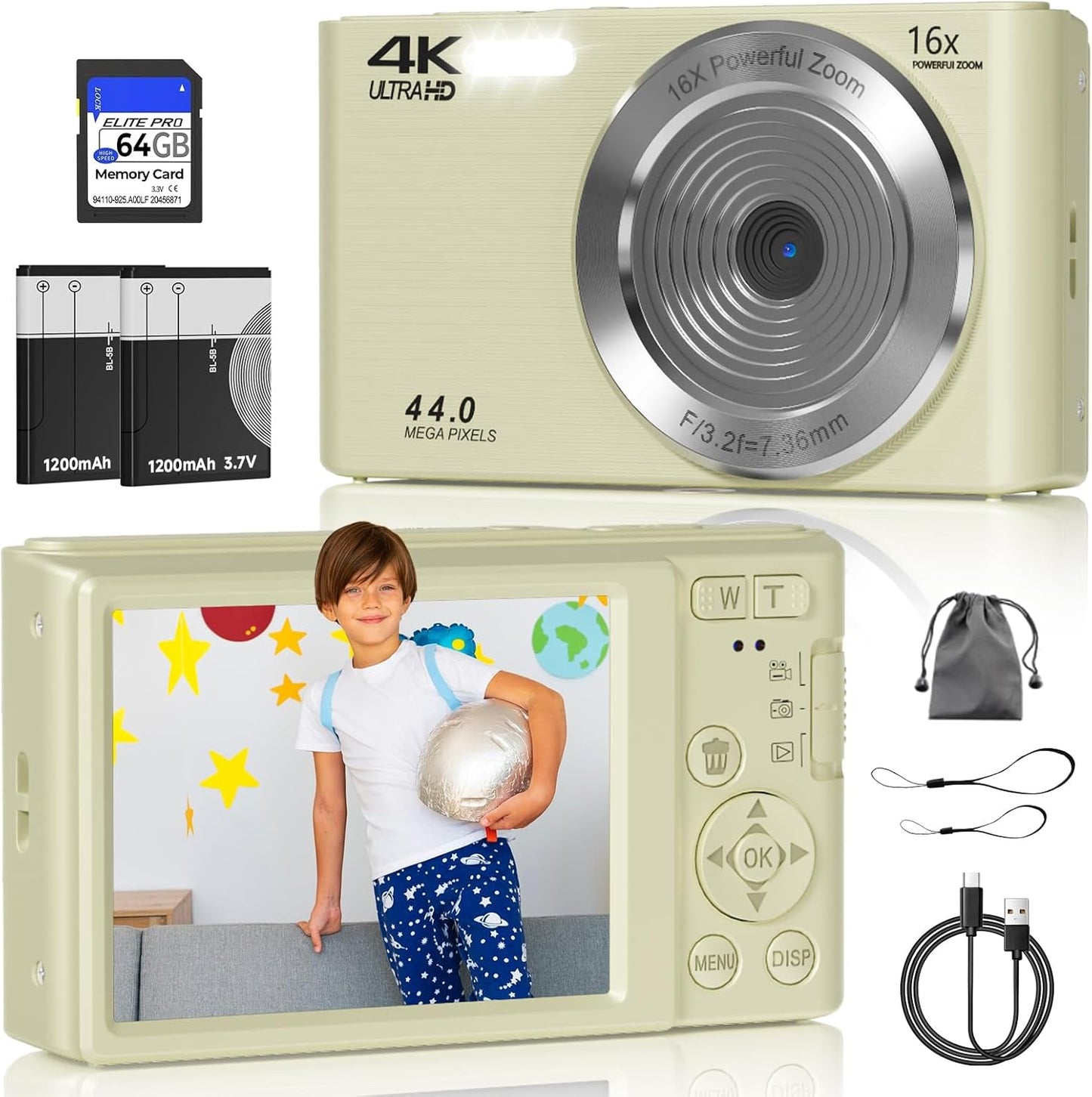 Digital Camera, FHD 4K 44MP Digital Camera, 16X Digital Zoom, Digital Point and Shoot Camera with 3-LED Fill Lights, 64GB SD Card, Compact Camera for Kids Teen Boys Girls, Cream