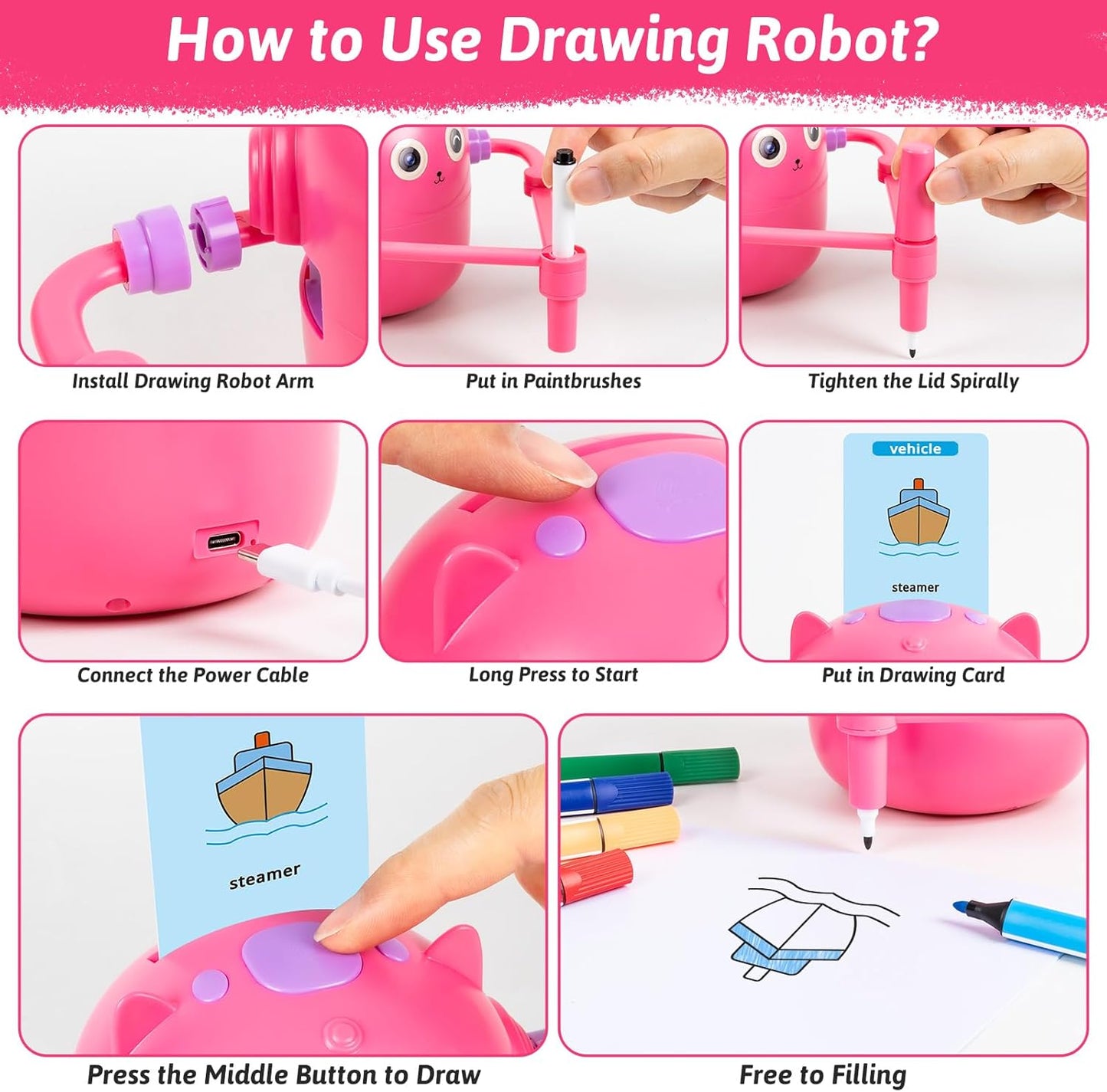 Drawing Robot for Kids, Interactive Educational Drawing Robot, Magic Painting Robot Toy with 100 Word Cards & 16 Color Pens for Girls and Boys Age 3+ (Pink)