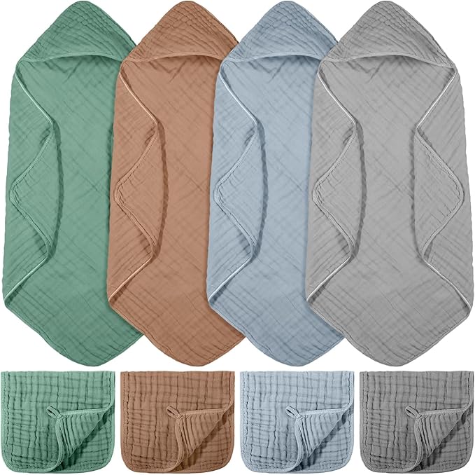 VitalCozy 8 Pcs Baby Muslin Hooded Bath Towels and Washcloths, 32 x 32 Inch Muslin Hooded Baby Towels Absorbent Blankets for Gift Newborn Infant Shower (Modern Style)