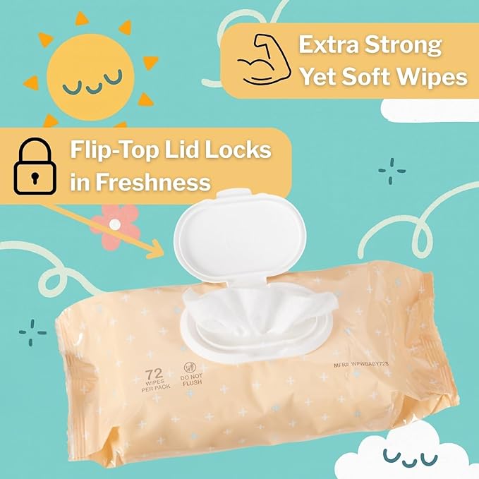 McKesson Baby Wipes, Baby Powder Scent (12 Packs, 864 Wipes) - Aloe & Vitamin E, 99% Water, Flip-Top Lid, Wipes for Sensitive Skin & Diaper Rash, 6.8 in x 7 in, 72 per pack