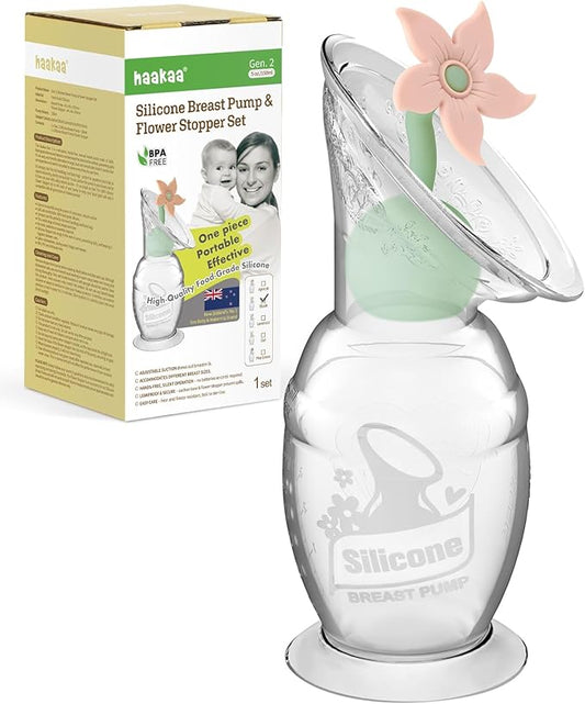 haakaa Manual Breast Pump with Flower Stopper Set, Gen.2 Silicone Hand Pump with Suction Base, BPA Free (5oz/150ml, Blush)