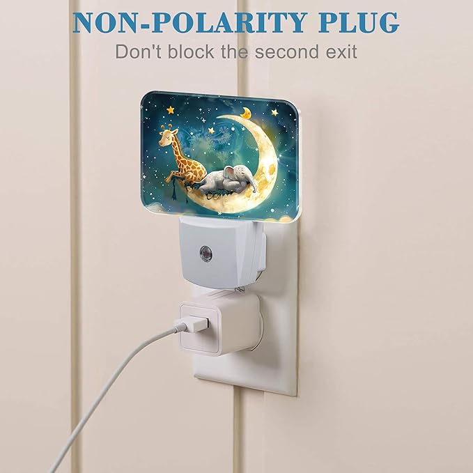 Cute Giraffe and Elephant Sleeping On Moon Night Light for Kids, LED Night Light Plug into Wall with Dusk to Dawn Sensor for Girls Boys Women Men Room, Hallway, Kitchen, Bathroom, Stairs Decor