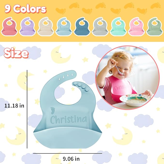 SRdrew Personalized Silicone Bibs Set Custom Engraved Name Icon Toddler Bib Durable Adjustable for Boy Girl