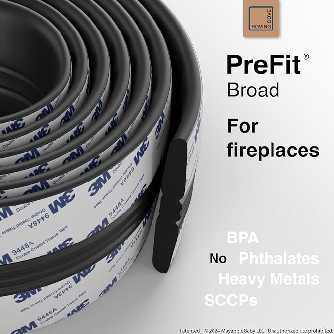 Roving Cove PreFit (Broad) Fireplace Edge Corner Protector (Extra Wide 9ft Edge 2 Corners), Baby Proofing Bumper Guards, Onyx Black, Pre-Taped, for Straight Surfaces - New & Improved