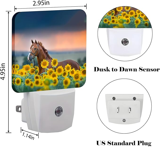 Sunflower Farm Animal Horses Night Light,Plug Into Wall with Dusk to Dawn Light Sensors, Warm Nightlights for Bedroom, Bathroom, Hallway, Kitchen, Gifts Ideal for Boys Girls Women Men