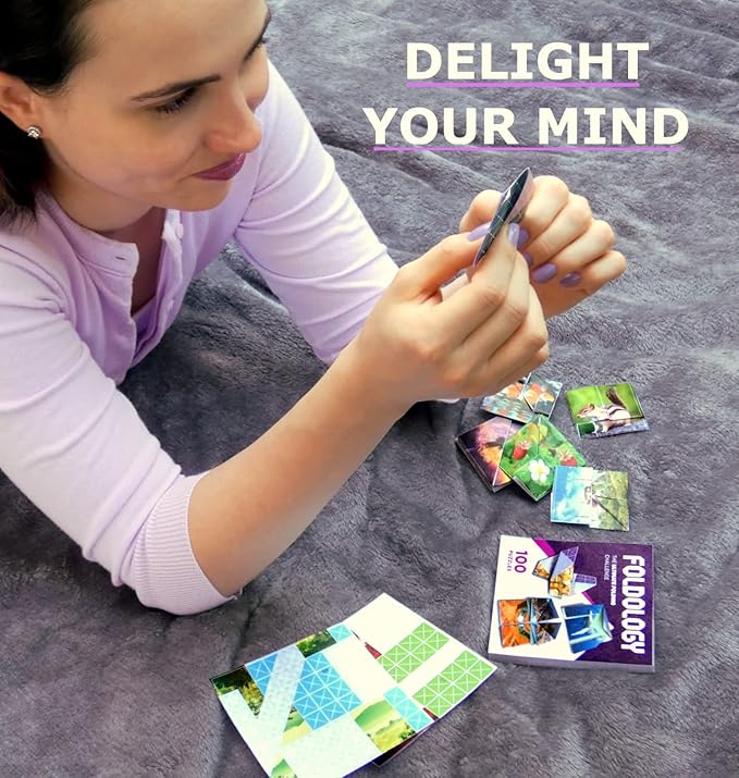 FOLDOLOGY - The Origami Puzzle Game! Brain Teasers for Tweens, Teens & Adults | Stocking Stuffer, Gift for Ages 10+, Travel Game, Hands-On STEM Toy | Fold the Paper, Complete the Picture | 100 Puzzles