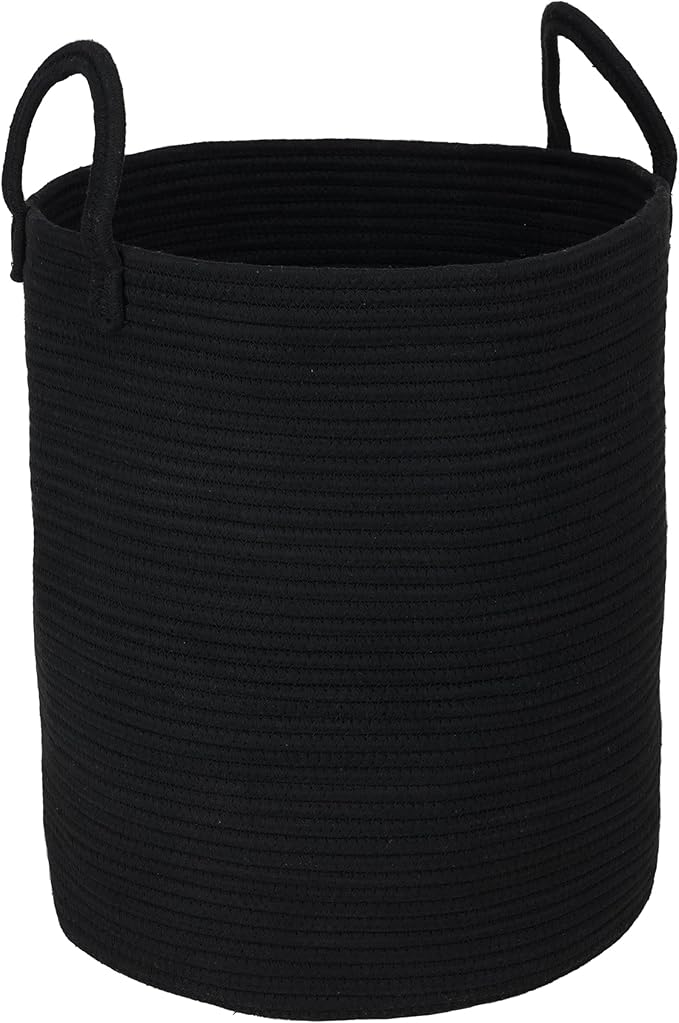 Black Cotton Rope Laundry Basket Hamper for Clothes Woven Storage Basket for Living Room Bedroom Boho Tall Rope Baskets for Blanket Toys Pillow Towels Baby Nursery Hamper Bin Large