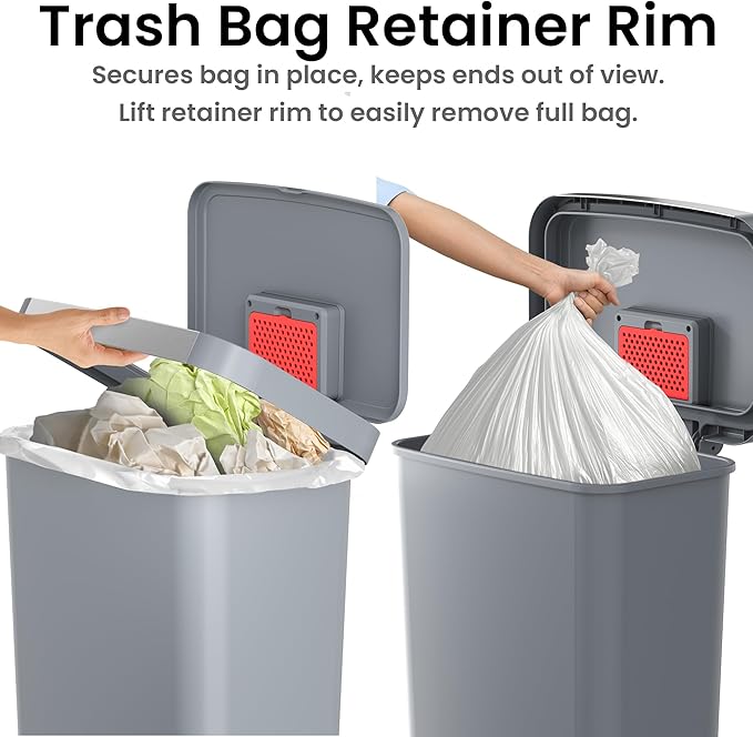 iTouchless SoftStep 13.2 Gal / 50L Step Pedal Kitchen Trash Can with Odor Filter, Durable Dent-Proof Construction and Stainless Steel Trim, Garbage Bin with Lid for Home Office, Bedroom, Gray Plastic