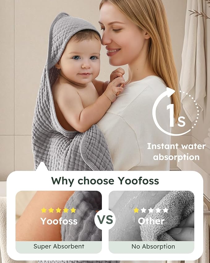 Yoofoss Hooded Baby Towels for Newborn 2 Pack 100% Muslin Organic Cotton Baby Bath Towel with Hood for Babies, Infant, Toddler and Kids,37.5“x37.5“,Soft and Absorbent Newborn Essential,Grey&Dark Green