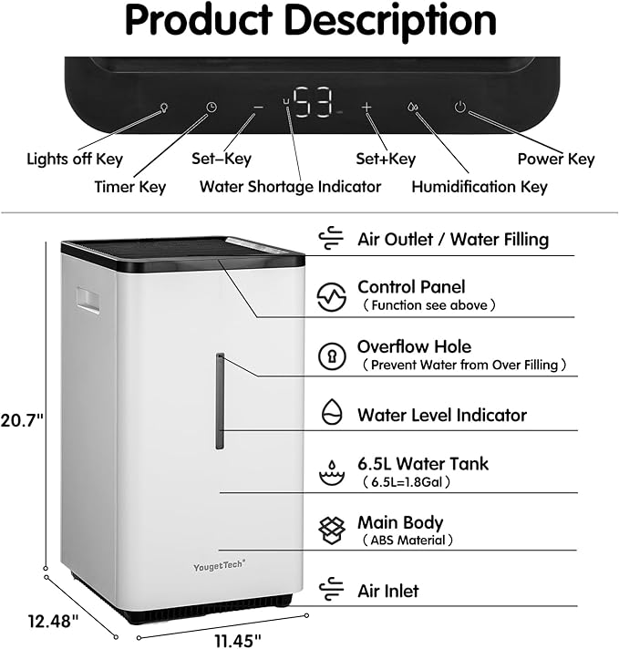 Evaporative Humidifiers |6.5L(1.8Gal) Tank for Whole Room Humidifier | 30 W Cool No Mist Humidifiers | 7 Speed | MAX Output 1500 ml/h | Auto Humid | Top Filling | White