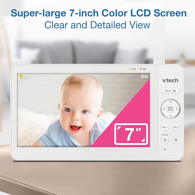 VTech Video Baby Monitor with 7" Color LCD Screen, Portable, Long Battery Life, Clear Audio/Video Quality, Secure Transmission, No Wi-Fi, 2-Way Audio, Temperature Sensor, Travel Monitor: 819 Max